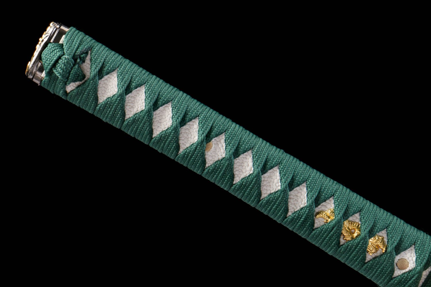 IMG_5765 1065 steel - pure hand-forged samurai sword - iron fittings - green leather sheath - green - emerald gold blade