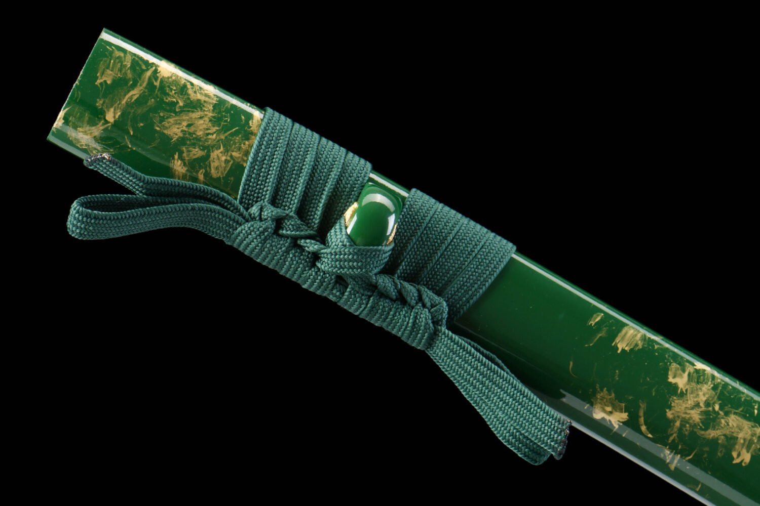 IMG_5773 1065 steel - pure hand-forged samurai sword - iron fittings - green leather sheath - green - emerald gold blade