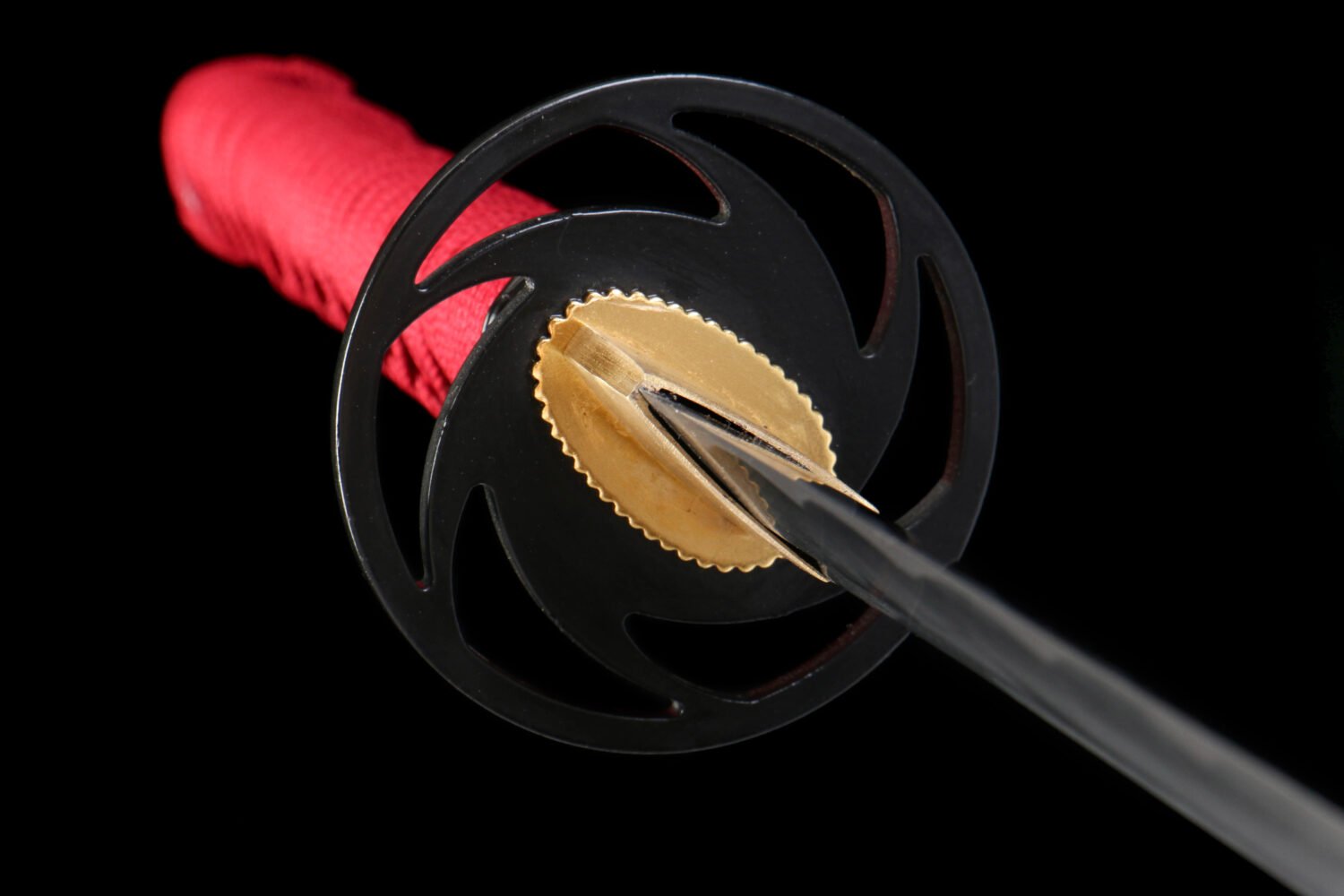 1065 steel - pure handmade Japanese katana - iron fittings - green leather sheath - black and red - red shadow