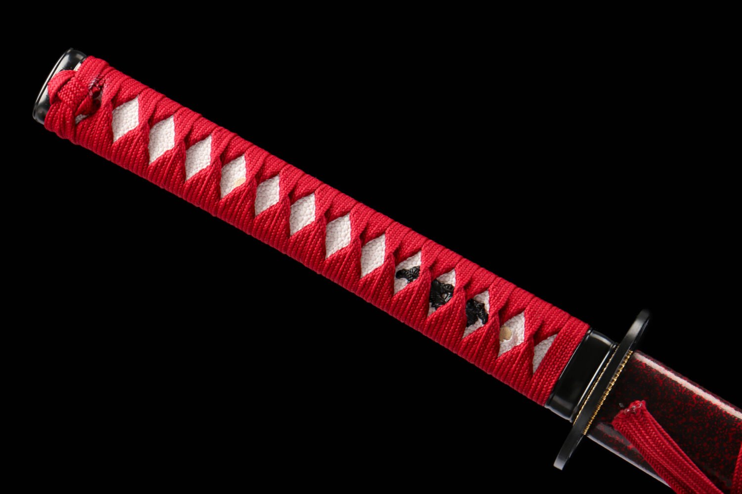 1065 steel - pure handmade Japanese katana - iron fittings - green leather sheath - black and red - red shadow