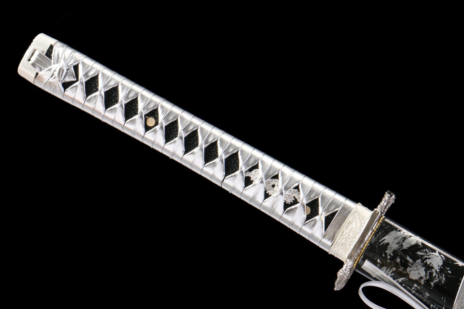 IMG_5814 1065 steel - pure hand-forged samurai sword - iron fittings - green leather sheath - black - silver skeleton