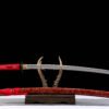 IMG_5841 1065 steel - pure hand-forged samurai sword - green leather sheath - iron fittings - red - burning edge