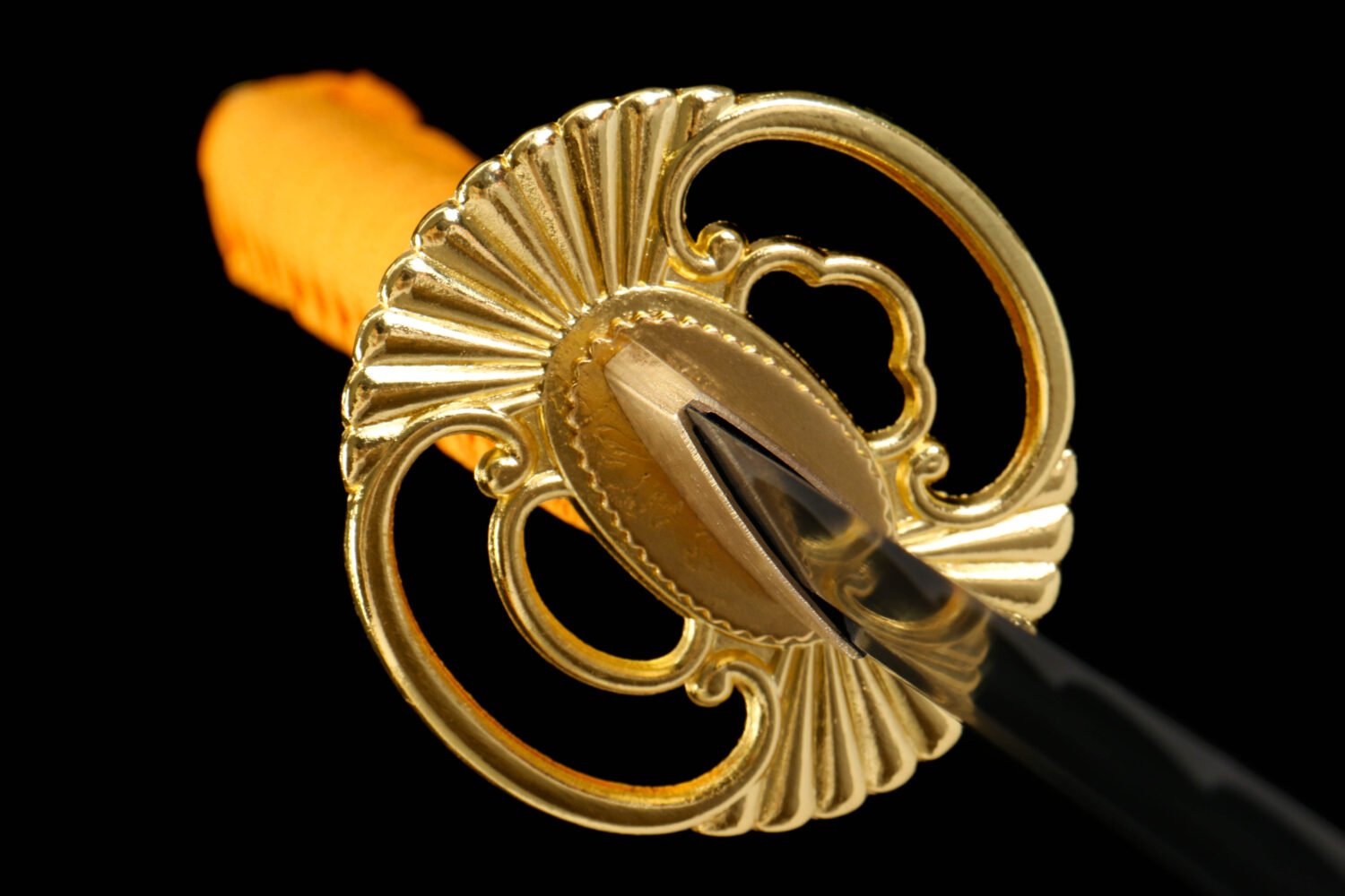 IMG_5882 1065 steel - pure handmade Japanese katana - iron fittings - green leather sheath - gold - red light