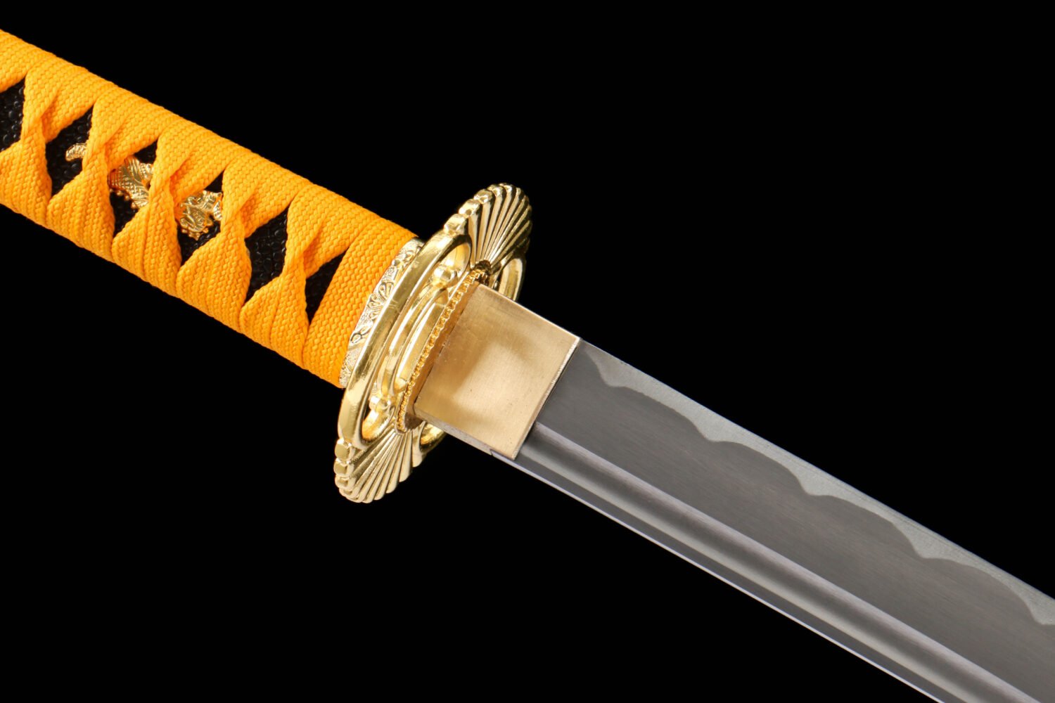 IMG_5884 1065 steel - pure handmade Japanese katana - iron fittings - green leather sheath - gold - red light