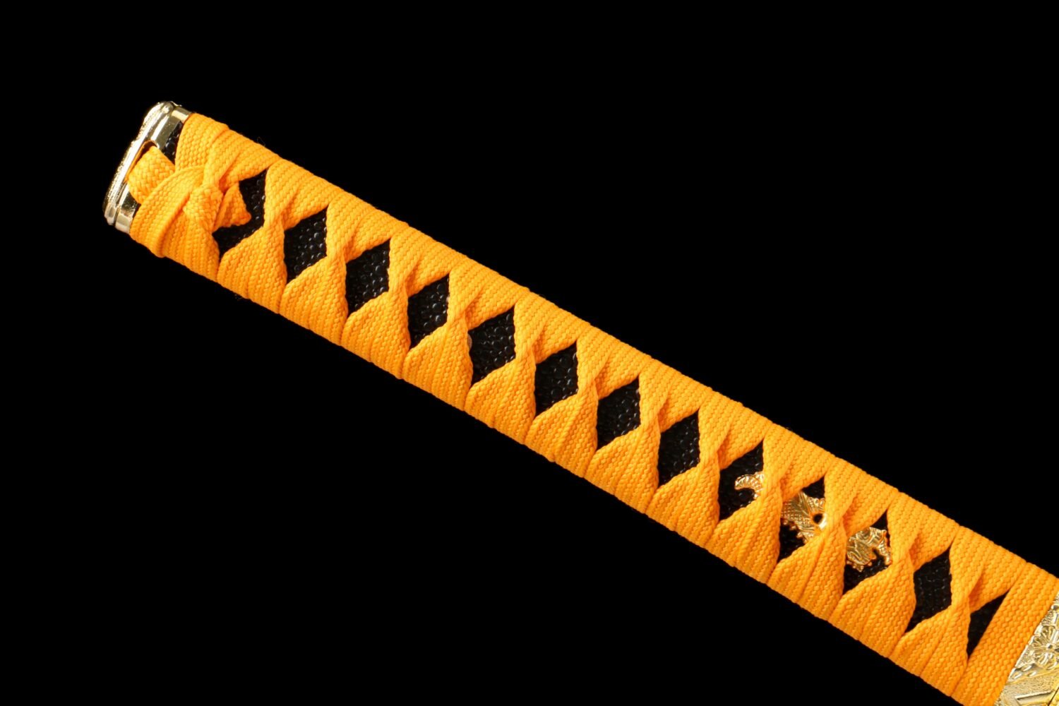 IMG_5887 1065 steel - pure handmade Japanese katana - iron fittings - green leather sheath - gold - red light