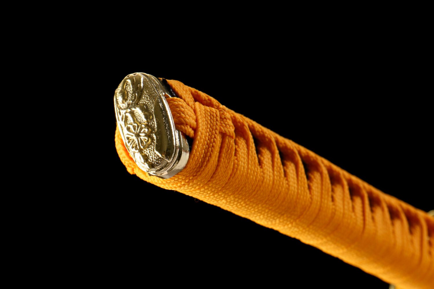 IMG_5889 1065 steel - pure handmade Japanese katana - iron fittings - green leather sheath - gold - red light