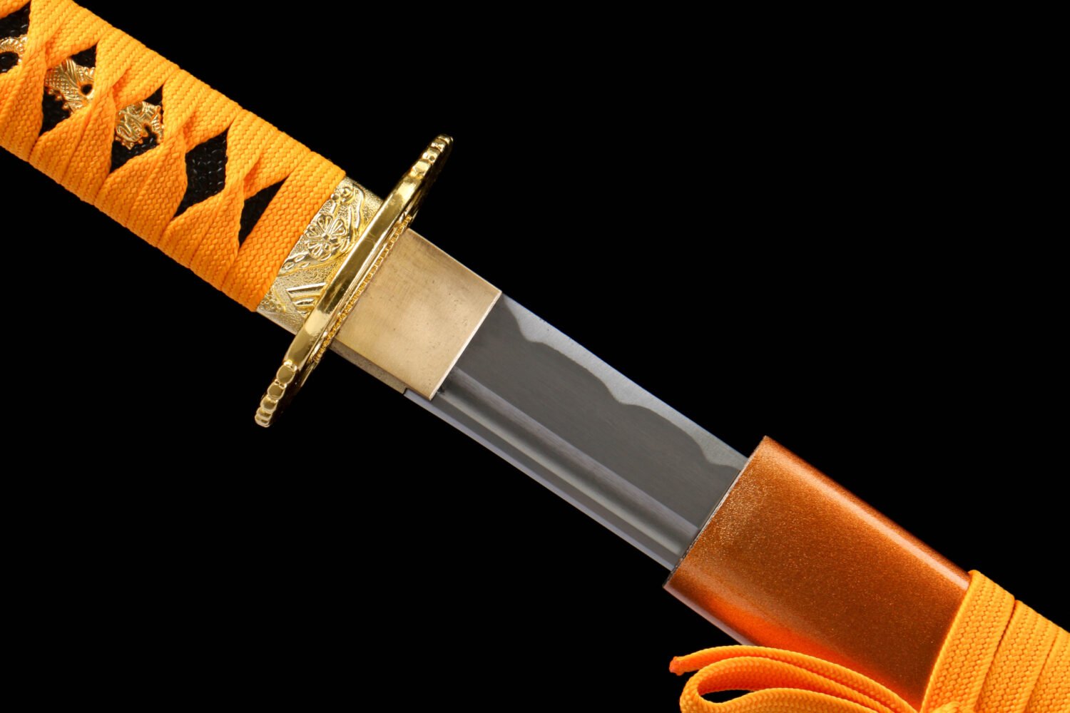 IMG_5895 1065 steel - pure handmade Japanese katana - iron fittings - green leather sheath - gold - red light