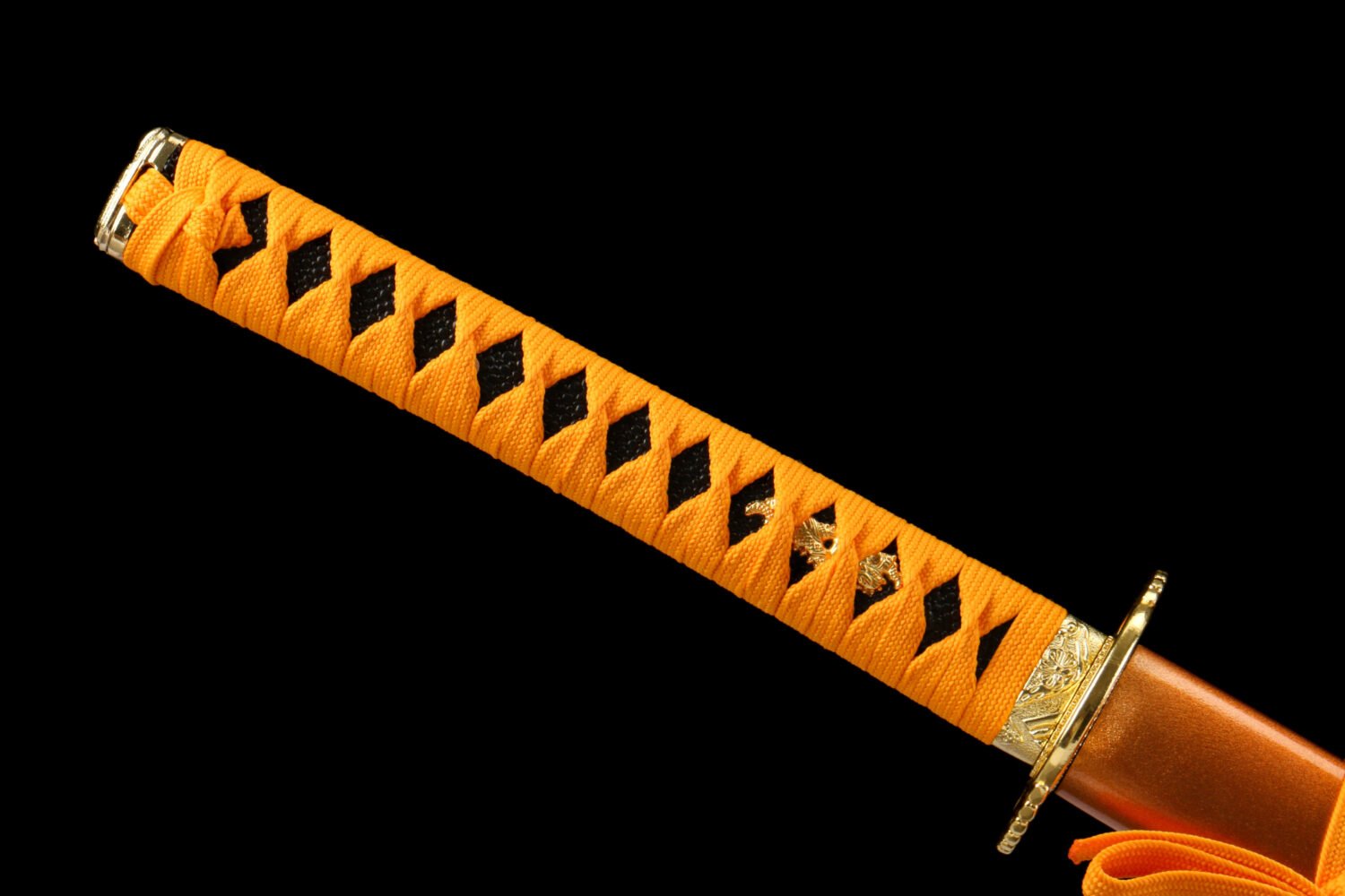 IMG_5897 1065 steel - pure handmade Japanese katana - iron fittings - green leather sheath - gold - red light