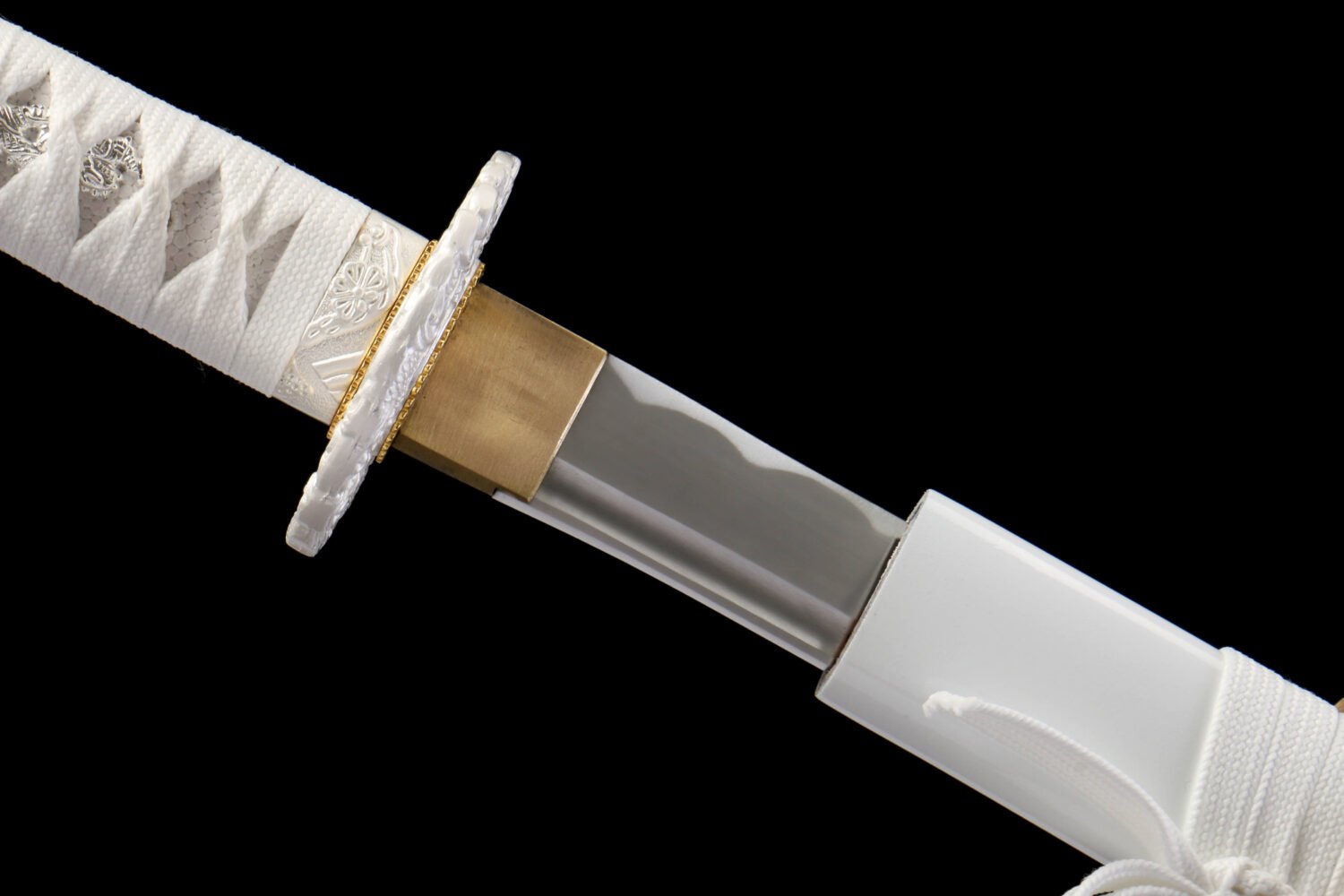 1065 steel - pure handmade Japanese katana - iron fittings - green leather sheath - white - snow