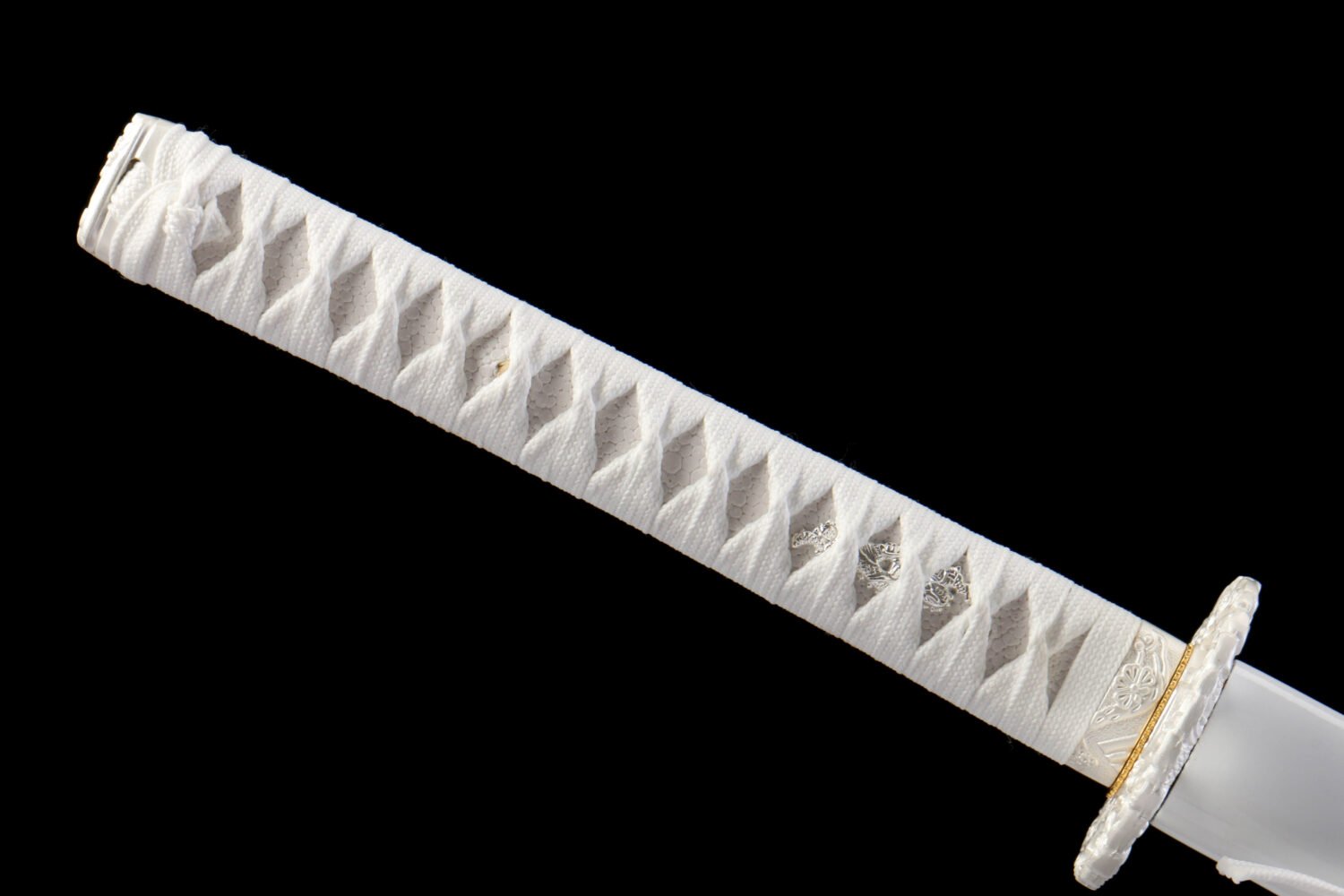 1065 steel - pure handmade Japanese katana - iron fittings - green leather sheath - white - snow