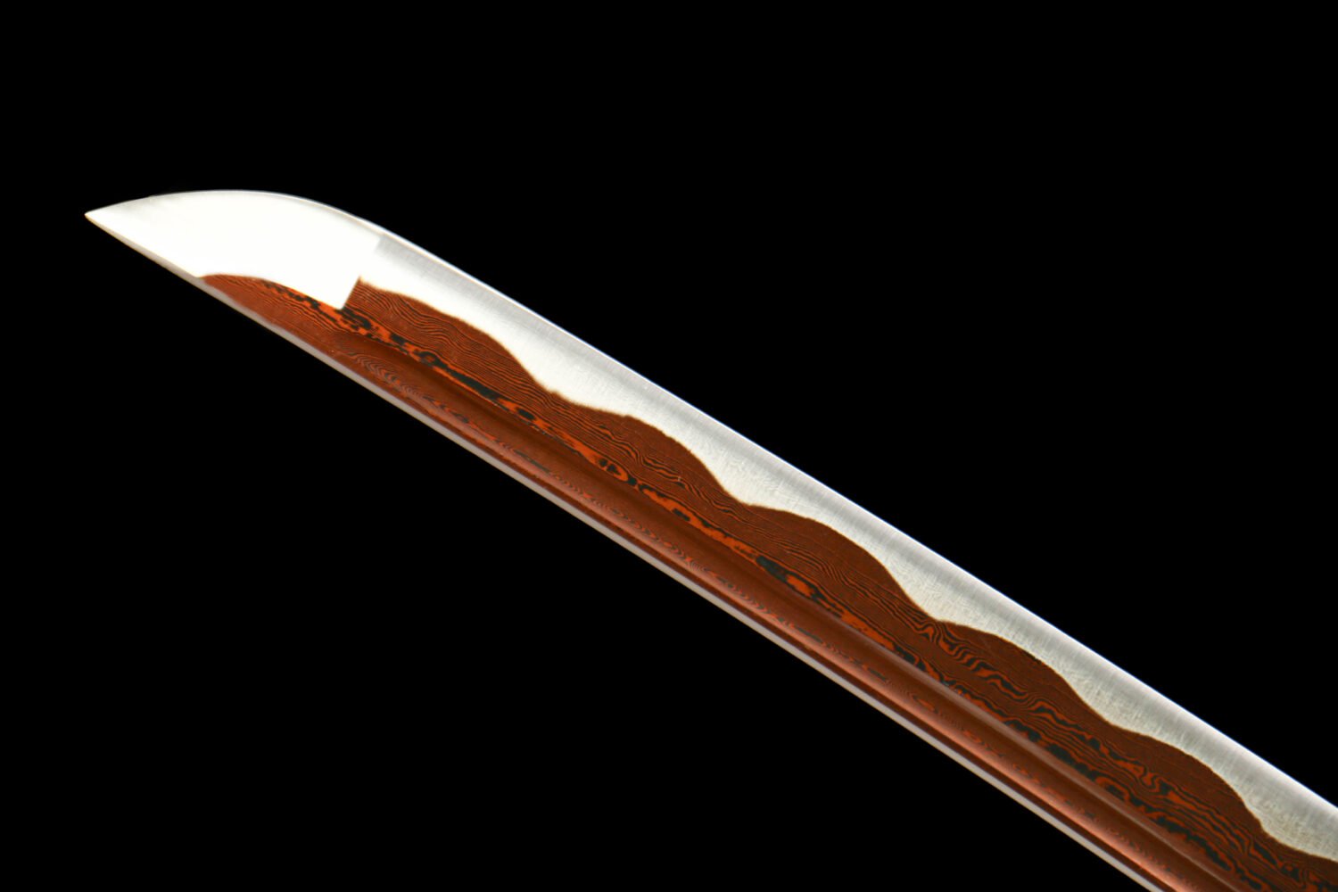 Patterned Steel - Purely Hand-Forged Samurai Sword - Green Leather Scabbard - Zinc Alloy Fittings - Roasted Red - Jinyang