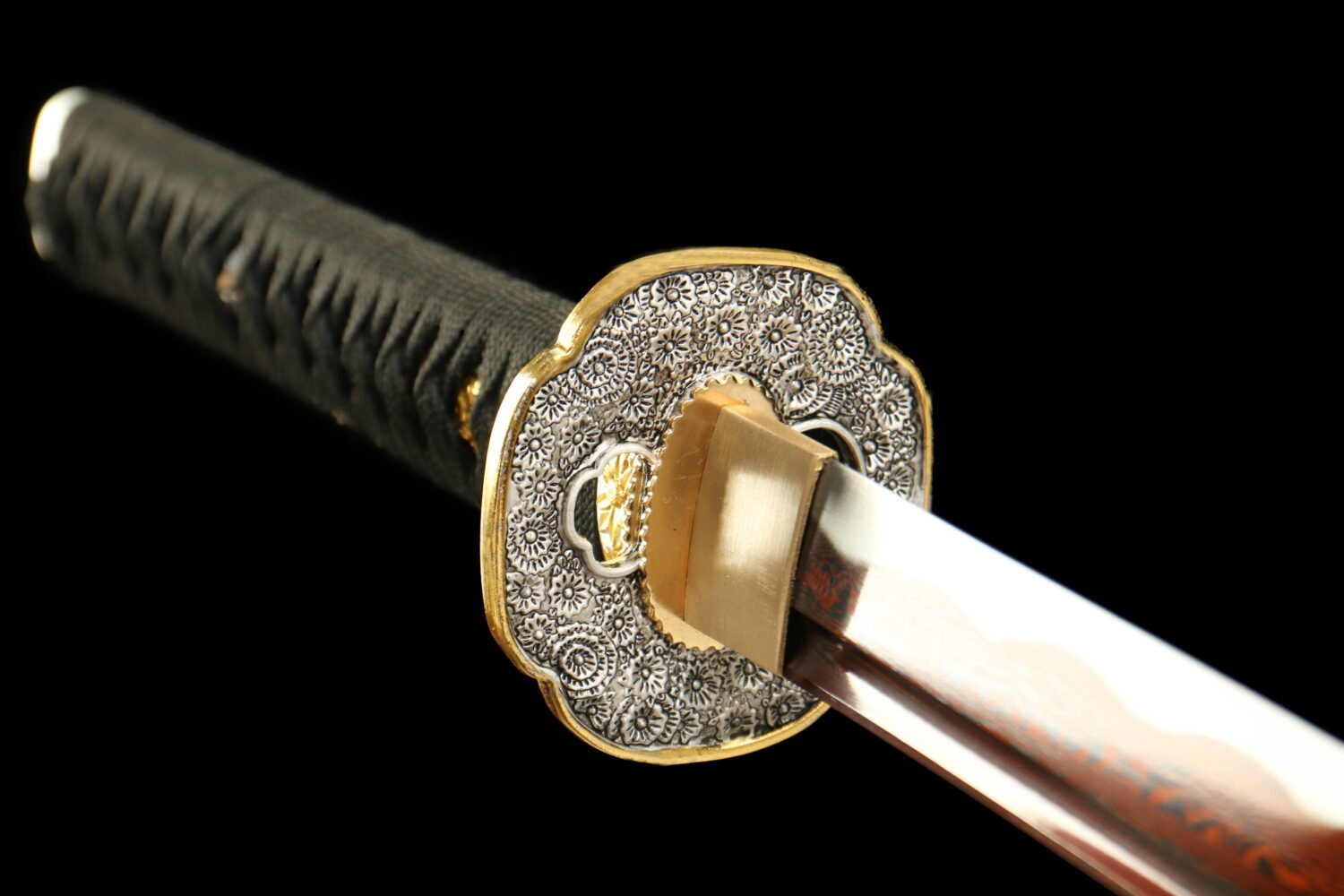 Patterned Steel - Purely Hand-Forged Samurai Sword - Green Leather Scabbard - Zinc Alloy Fittings - Roasted Red - Jinyang