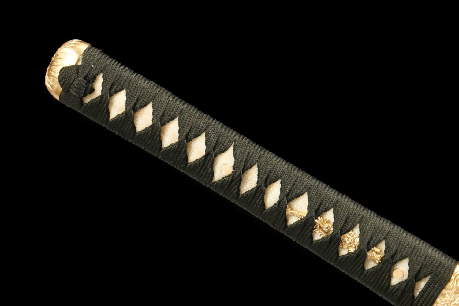 IMG_6219 Damascus Steel - Hand-Forged Katana - Green Leather Scabbard - Twisted Pattern - Copper Hardware - Amber