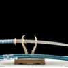 Damascus Steel - Purely Hand-Forged Katana - Green Leather Scabbard - Twisted Pattern - Copper Hardware - Meteorite
