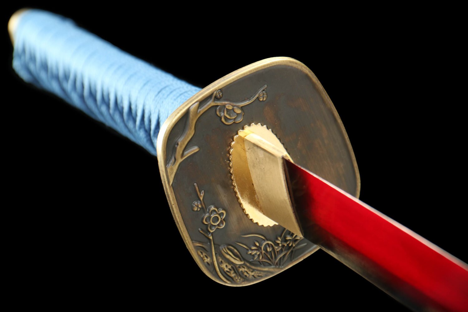 IMG_6575 1065 steel - pure handmade Japanese katana - green leather sheath - zinc alloy fittings - roasted black red - blood cherry