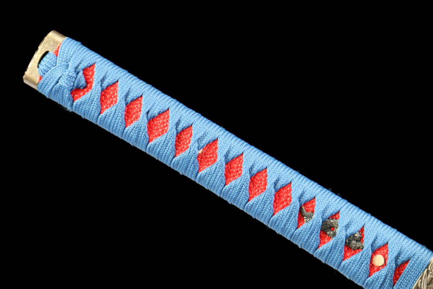 IMG_6576 1065 steel - pure handmade Japanese katana - green leather sheath - zinc alloy fittings - roasted black red - blood cherry