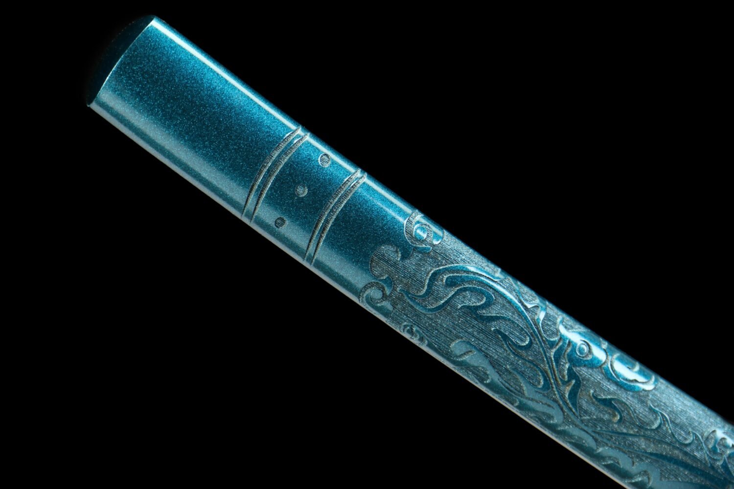 Damascus Steel - Purely Hand-Forged Katana - Green Leather Scabbard - Twisted Pattern - Copper Hardware - Meteorite