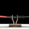 Patterned steel - pure hand-forged samurai sword - green leather sheath - iron fittings - baked red - moon reading