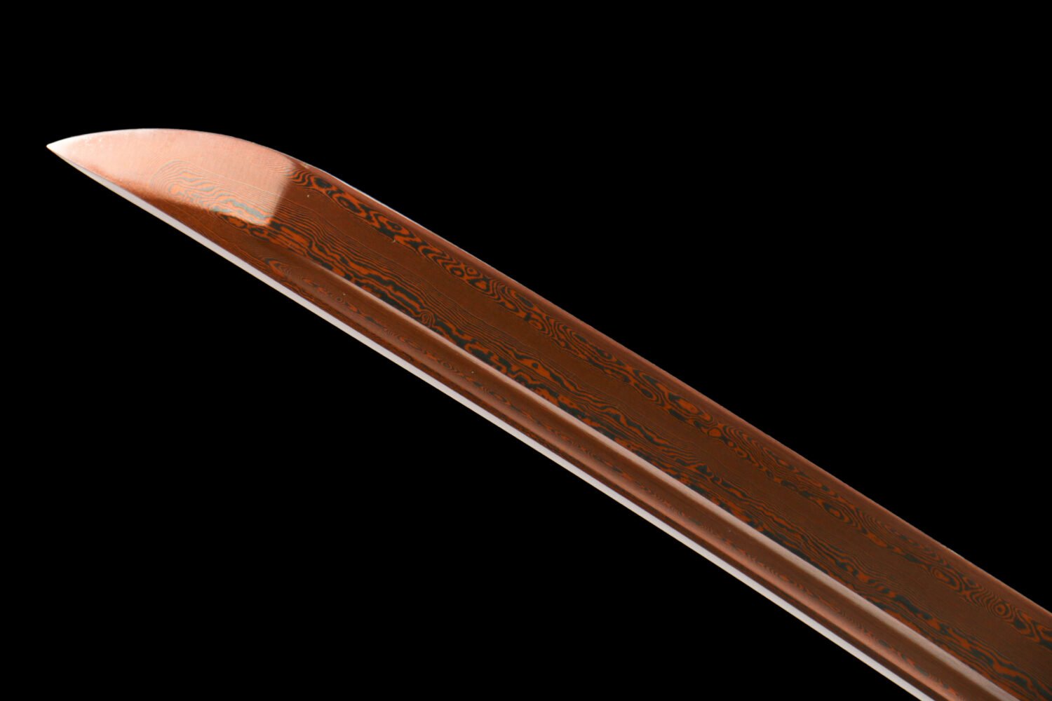 Patterned steel - pure hand-forged samurai sword - green leather sheath - iron fittings - baked red - moon reading