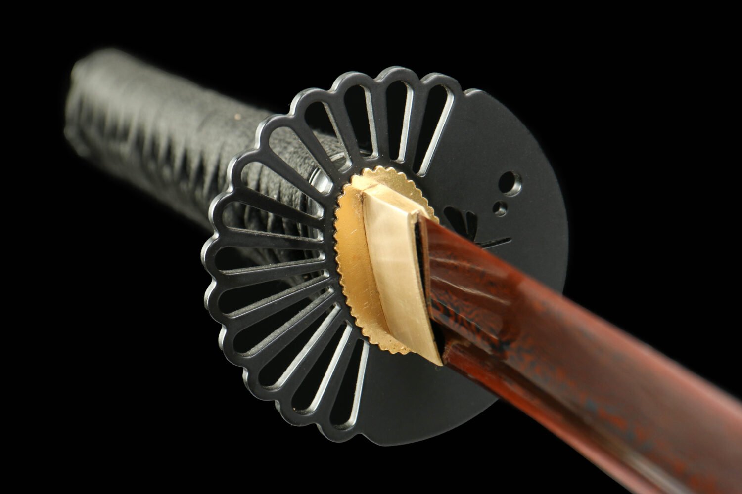 Patterned steel - pure hand-forged samurai sword - green leather sheath - iron fittings - baked red - moon reading