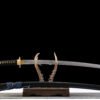 T10 steel - pure handmade Japanese katana - earth-covered and burnt blade - green leather sheath - copper fittings - thin sheath katana - black gold and blue silk
