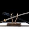 T10 steel - pure handmade Japanese katana - earth-covered and burnt blade - green leather sheath - copper fittings - thin sheath katana - black gold and blue silk