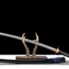 T10 steel - pure handmade Japanese katana - earth-covered and burnt blade - green leather sheath - copper fittings - thin sheath katana - black gold and blue silk