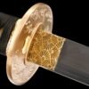 T10 steel - pure handmade Japanese katana - earth-covered and burnt blade - green leather sheath - copper fittings - thin sheath katana - black gold and blue silk