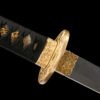 T10 steel - pure handmade Japanese katana - earth-covered and burnt blade - green leather sheath - copper fittings - thin sheath katana - black gold and blue silk