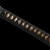 T10 steel - pure handmade Japanese katana - earth-covered and burnt blade - green leather sheath - copper fittings - thin sheath katana - black gold and blue silk