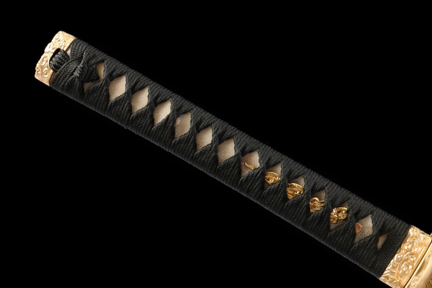 T10 steel - pure handmade Japanese katana - earth-covered and burnt blade - green leather sheath - copper fittings - thin sheath katana - black gold and blue silk