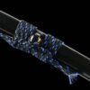 T10 steel - pure handmade Japanese katana - earth-covered and burnt blade - green leather sheath - copper fittings - thin sheath katana - black gold and blue silk