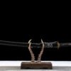Damascus patterned steel - pure handmade Japanese katana - earth-covered burnt blade - green leather sheath - copper fittings - distressed three-color katana - gold ink feather