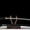 Damascus patterned steel - pure handmade Japanese katana - earth-covered burnt blade - green leather sheath - copper fittings - distressed three-color katana - gold ink feather