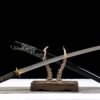 Damascus patterned steel - pure handmade Japanese katana - earth-covered burnt blade - green leather sheath - copper fittings - distressed three-color katana - gold ink feather