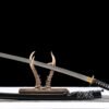 Damascus patterned steel - pure handmade Japanese katana - earth-covered burnt blade - green leather sheath - copper fittings - distressed three-color katana - gold ink feather