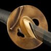 Damascus patterned steel - pure handmade Japanese katana - earth-covered burnt blade - green leather sheath - copper fittings - distressed three-color katana - gold ink feather