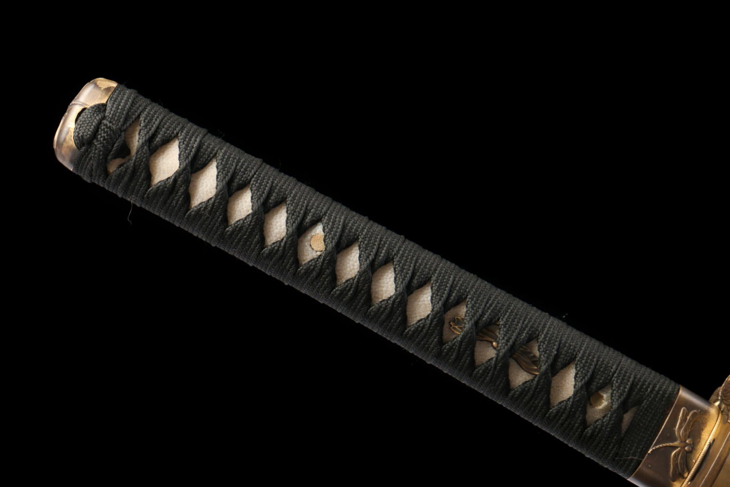 Damascus patterned steel - pure handmade Japanese katana - earth-covered burnt blade - green leather sheath - copper fittings - distressed three-color katana - gold ink feather