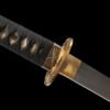 Damascus patterned steel - pure handmade Japanese katana - earth-covered burnt blade - green leather sheath - copper fittings - distressed three-color katana - gold ink feather