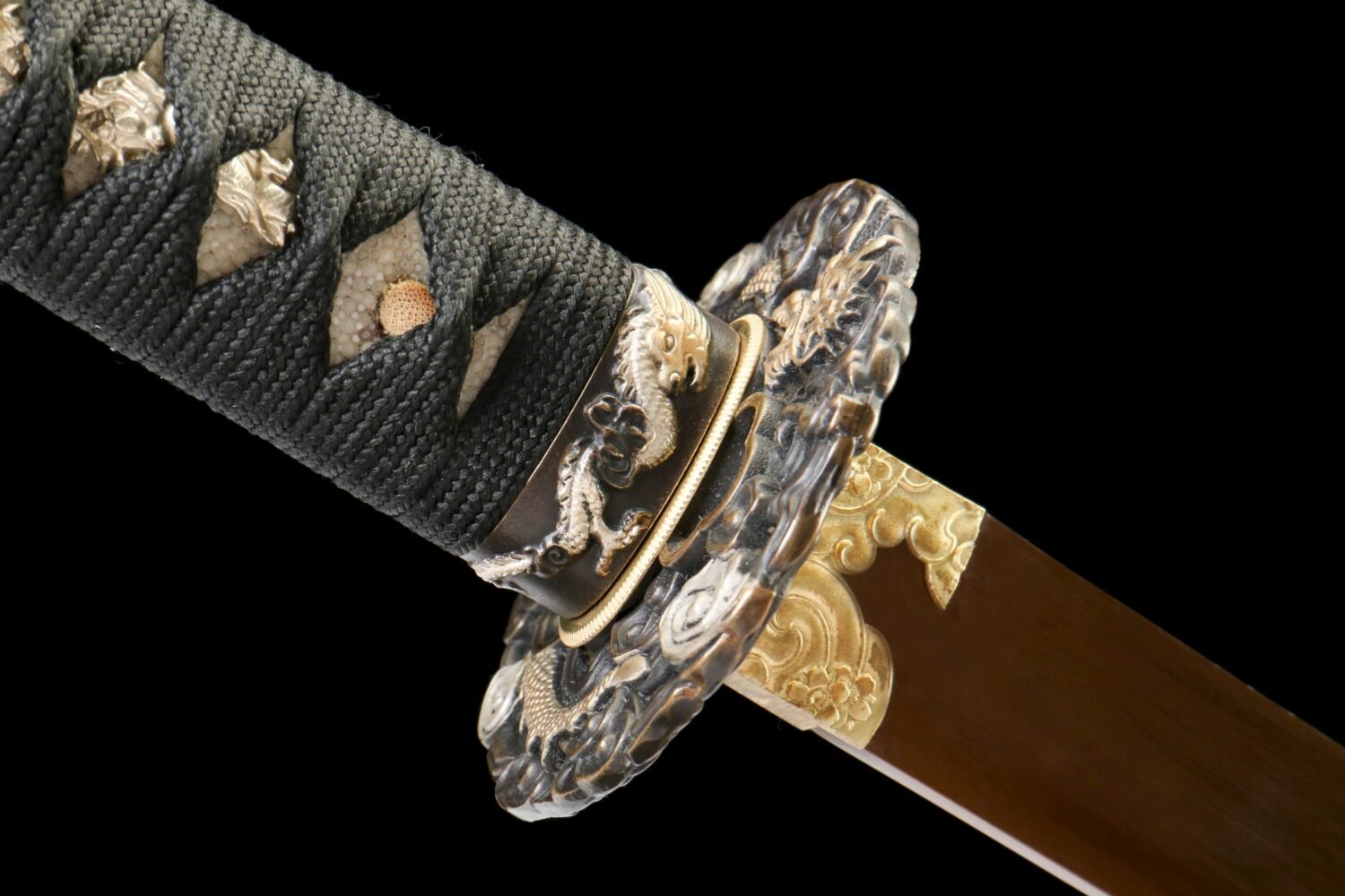 1065 steel - pure hand-forged samurai sword - green leather sheath - copper-plated gilded silver - baked gold - wooden heart ancient soul