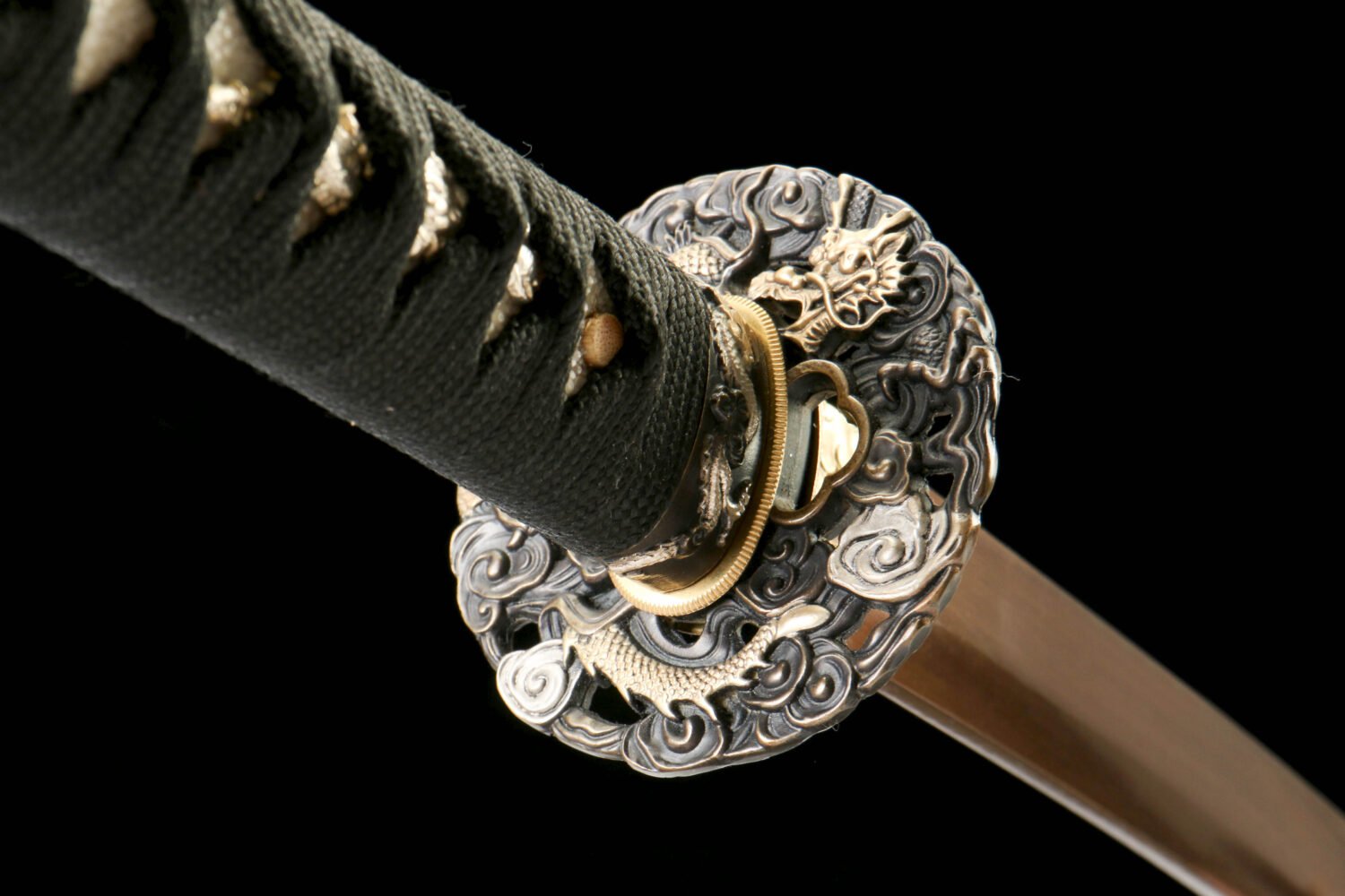 1065 steel - pure hand-forged samurai sword - green leather sheath - copper-plated gilded silver - baked gold - wooden heart ancient soul