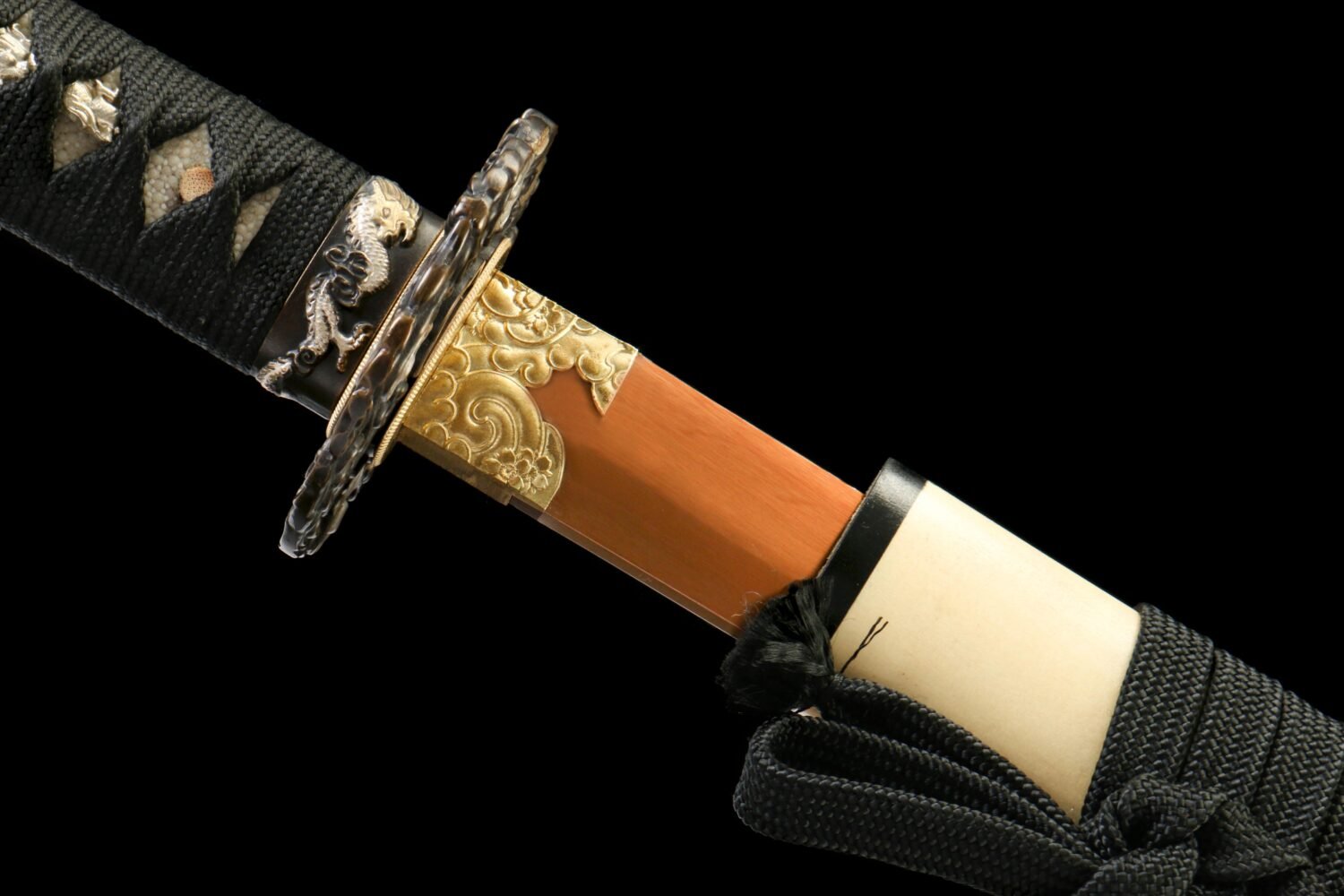1065 steel - pure hand-forged samurai sword - green leather sheath - copper-plated gilded silver - baked gold - wooden heart ancient soul