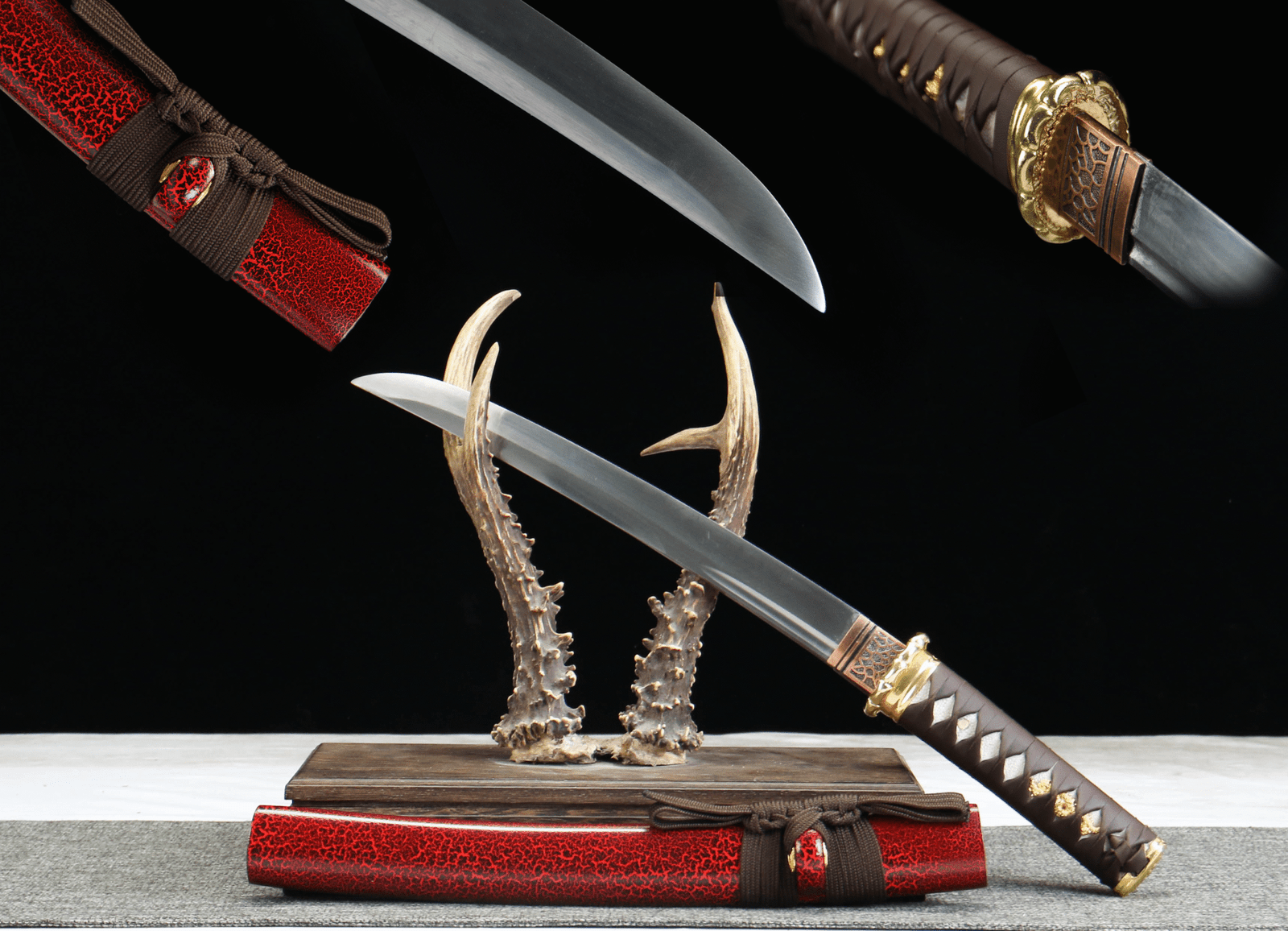 天火 1065 steel - pure handmade Japanese katana - green leather sheath - zinc alloy fittings - reddish brown - skyfire