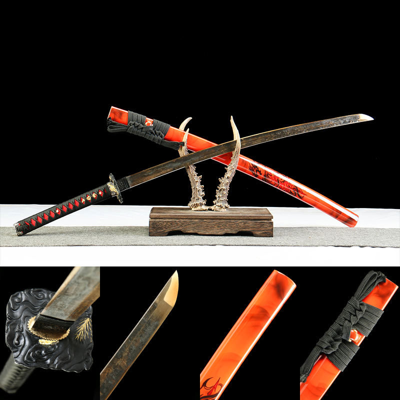 1095 steel - pure handmade Japanese samurai sword - green leather sheath - zinc alloy fittings - distressed - Hongmeng